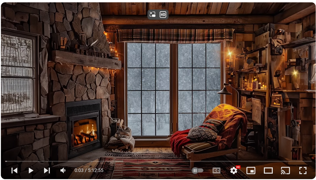 Cozy Cabin Retreat with Fireplace Ambience and Snowfall View